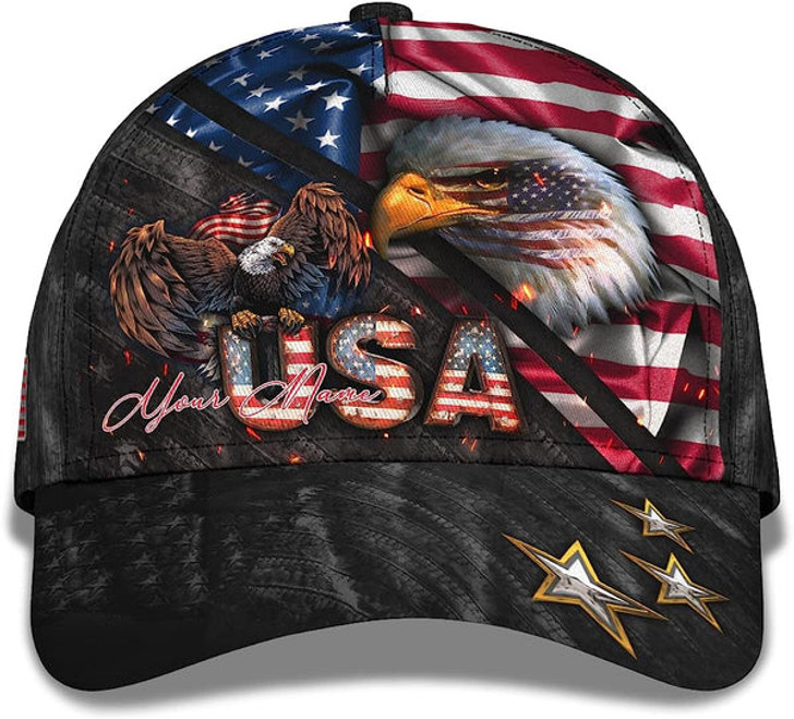 FUNSTUFFPRINT Bald Eagle And Us Flag For Veteran Military Custom Name All Over Print Baseball Cap - Christian Hats For Men Women