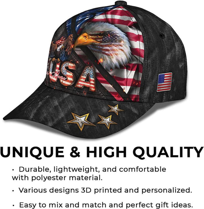 FUNSTUFFPRINT Bald Eagle And Us Flag For Veteran Military Custom Name All Over Print Baseball Cap - Christian Hats For Men Women
