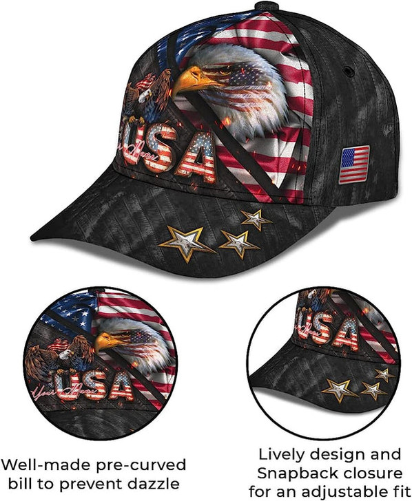 FUNSTUFFPRINT Bald Eagle And Us Flag For Veteran Military Custom Name All Over Print Baseball Cap - Christian Hats For Men Women