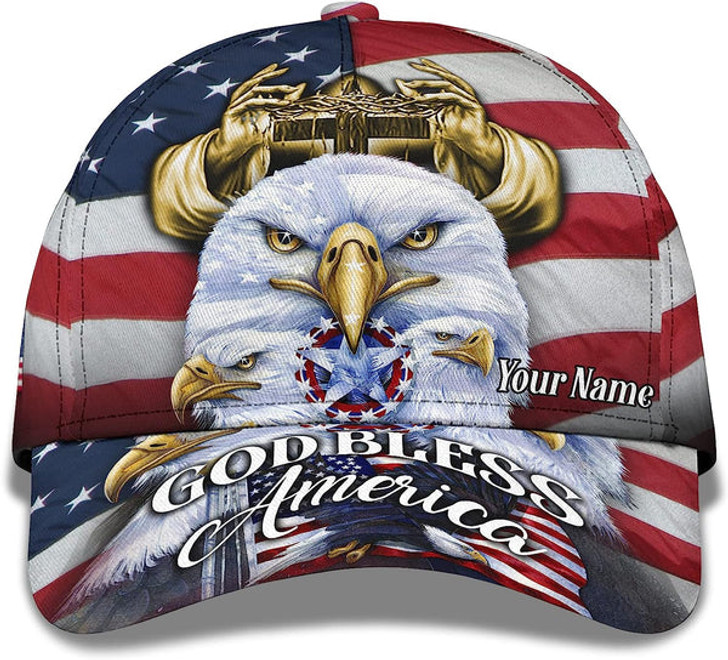 FUNSTUFFPRINT America Eagle Bird With Usa Flag God Bless America Custom Name All Over Print Baseball Cap - Christian Hats For Men Women