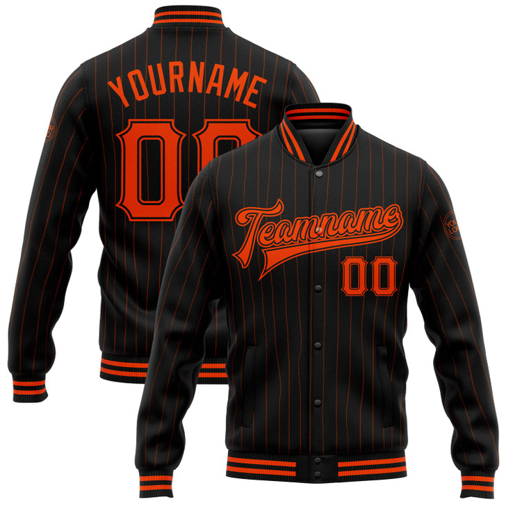 FUNSTUFFPRINT Custom Black Orange Pinstripe Orange Bomber Full-Snap Varsity Letterman Jacket 3D Baseball Jacket