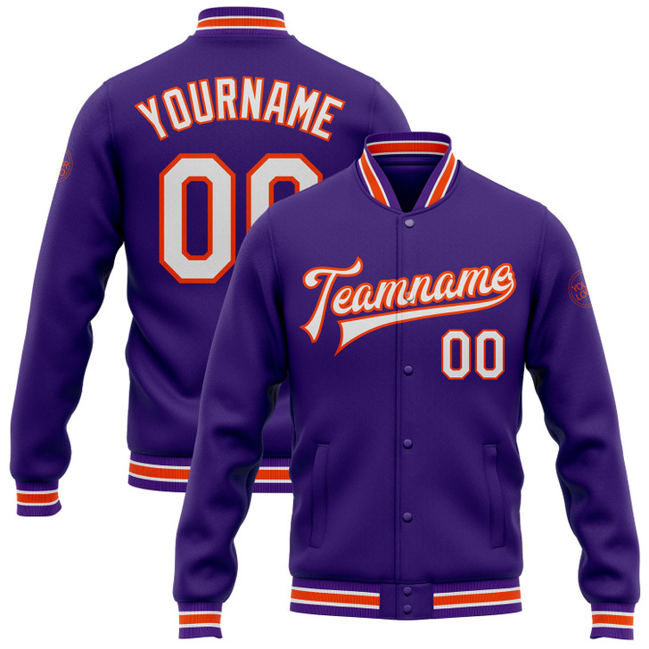 FUNSTUFFPRINT Custom Purple White-Orange Bomber Full-Snap Varsity Letterman Jacket 3D Baseball Jacket