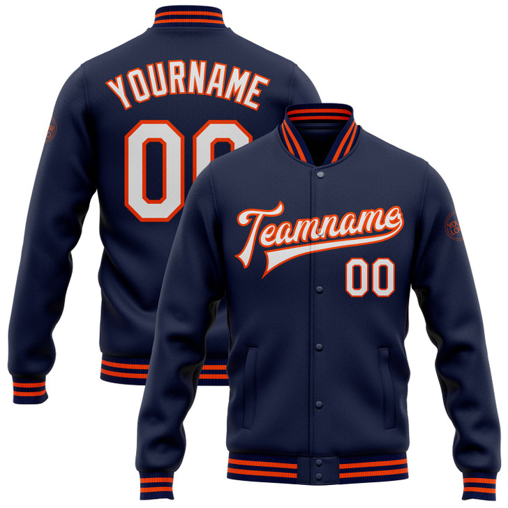 FUNSTUFFPRINT Custom Navy White-Orange Bomber Full-Snap Varsity Letterman Jacket 3D Baseball Jacket