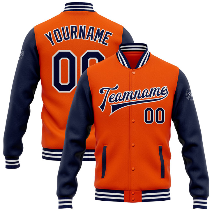 FUNSTUFFPRINT Custom Orange Navy-White Bomber Full-Snap Varsity Letterman Two Tone Jacket 3D Baseball Jacket