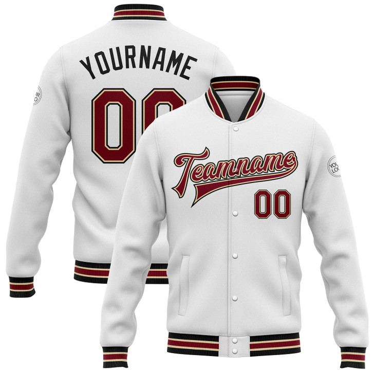FUNSTUFFPRINT Custom White Crimson City Cream-Black Bomber Full-Snap Varsity Letterman Jacket 3D Baseball Jacket