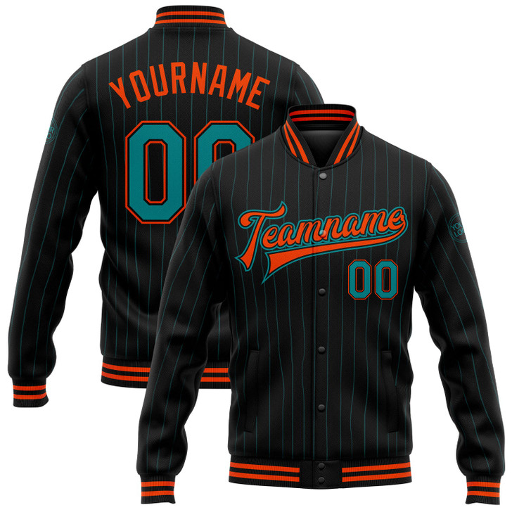 FUNSTUFFPRINT Custom Black Teal Pinstripe Orange Bomber Full-Snap Varsity Letterman Jacket 3D Baseball Jacket