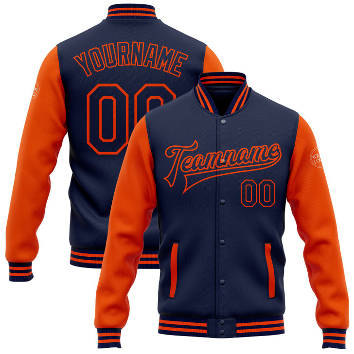 FUNSTUFFPRINT Custom Navy Orange Bomber Full-Snap Varsity Letterman Two Tone Jacket 3D Baseball Jacket