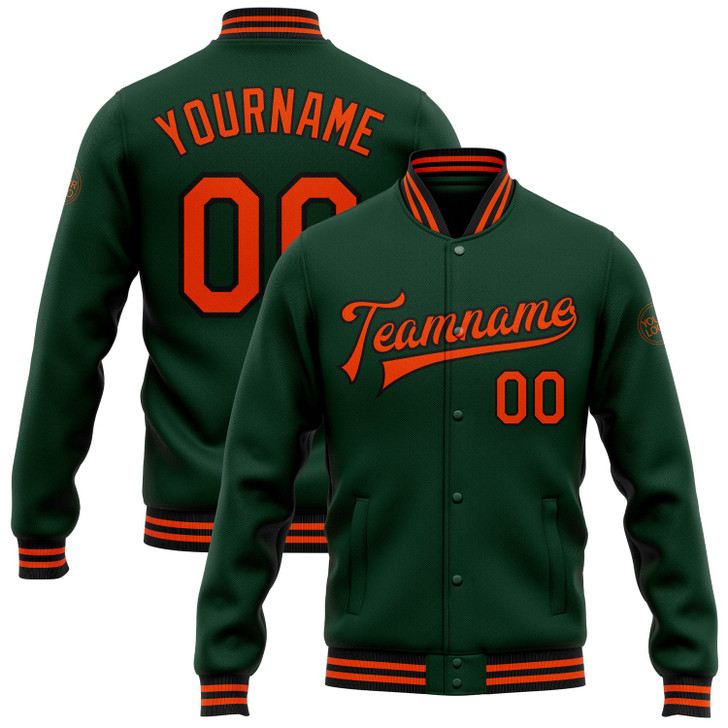 FUNSTUFFPRINT Custom Green Orange-Black Bomber Full-Snap Varsity Letterman Jacket 3D Baseball Jacket