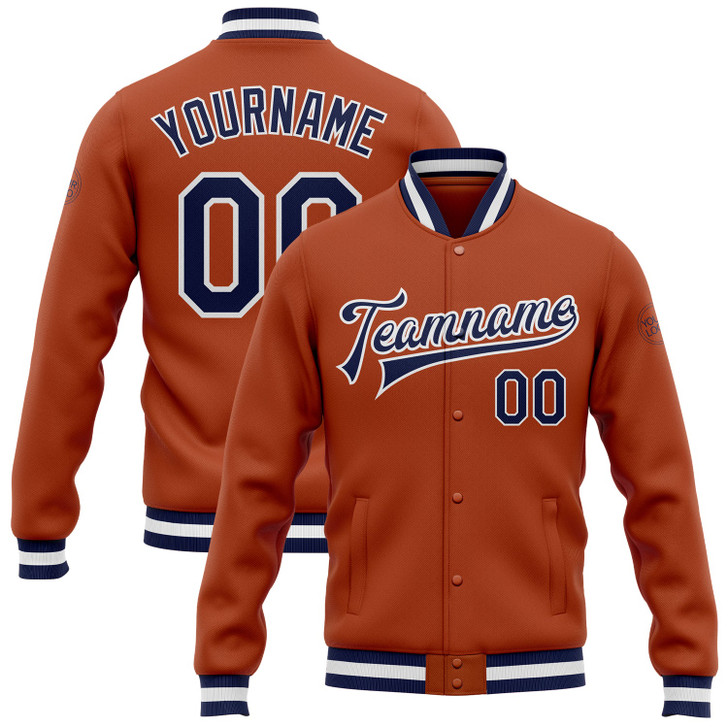 FUNSTUFFPRINT Custom Texas Orange Navy-White Bomber Full-Snap Varsity Letterman Jacket 3D Baseball Jacket
