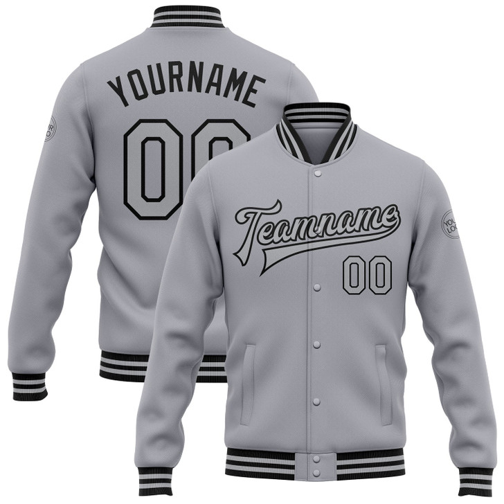 FUNSTUFFPRINT Custom Gray Black Bomber Full-Snap Varsity Letterman Jacket 3D Baseball Jacket