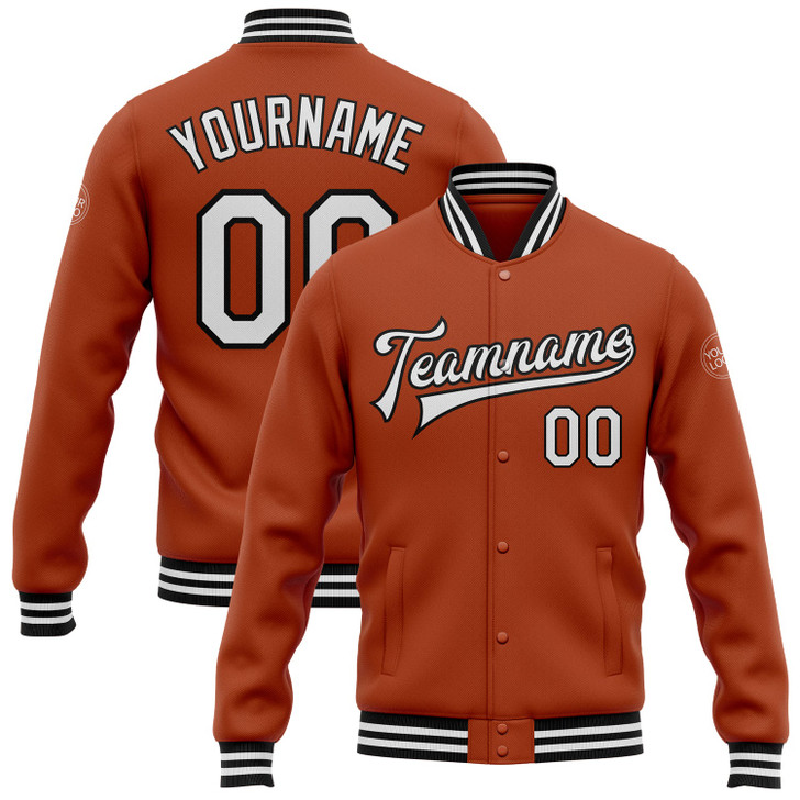 FUNSTUFFPRINT Custom Texas Orange White-Black Bomber Full-Snap Varsity Letterman Jacket 3D Baseball Jacket