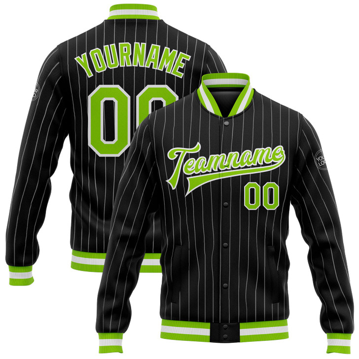 FUNSTUFFPRINT Custom Black White Pinstripe Neon Green Bomber Full-Snap Varsity Letterman Jacket 3D Baseball Jacket