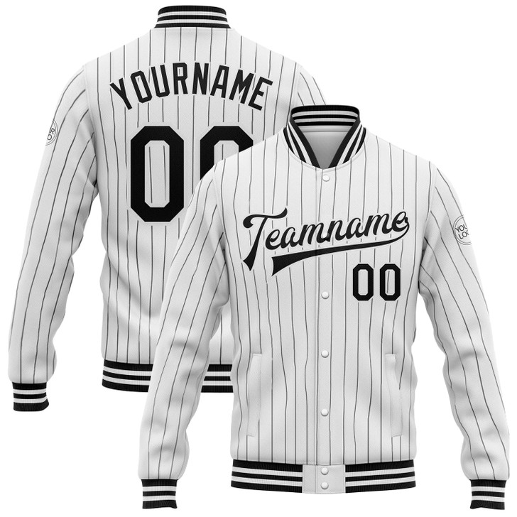 FUNSTUFFPRINT Custom White Black Pinstripe Black Bomber Full-Snap Varsity Letterman Jacket 3D Baseball Jacket