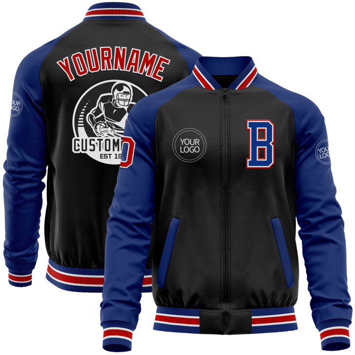 FUNSTUFFPRINT Custom Black Red-Royal Bomber Varsity Letterman Two Tone Zipper Jacket 3D Baseball Jacket
