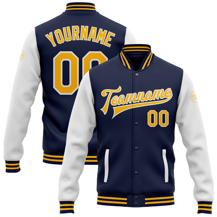 FUNSTUFFPRINT Custom Navy Gold-White Bomber Full-Snap Varsity Letterman Two Tone Jacket 3D Baseball Jacket