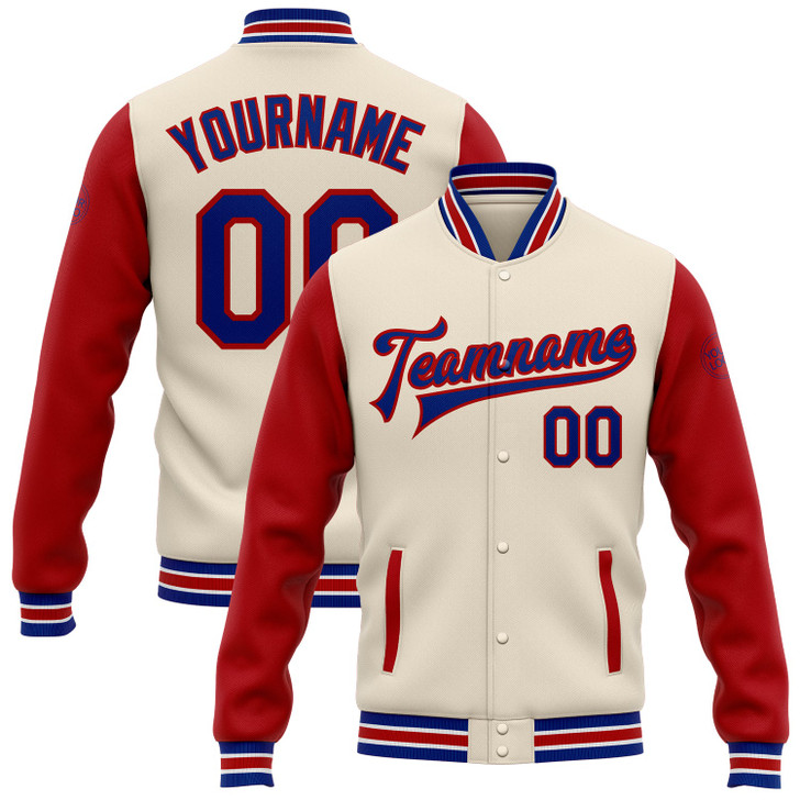 FUNSTUFFPRINT Custom Cream Royal-Red Bomber Full-Snap Varsity Letterman Two Tone Jacket 3D Baseball Jacket