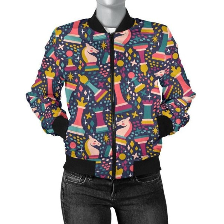 FUNSTUFFPRINT Chess Colorful Pattern Print Women Casual Bomber Jacket 3D Bomber Jacket