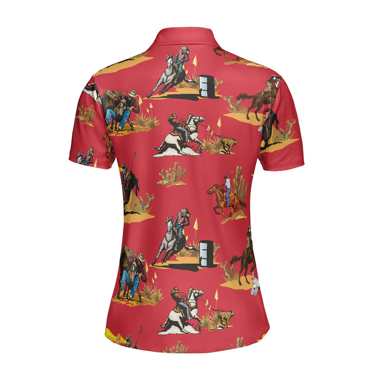 Rodeo Seamless Pattern Short Sleeve Women Polo Shirt, Red Texas Cowboy Polo Shirt, Rodeo Shirt For Female
