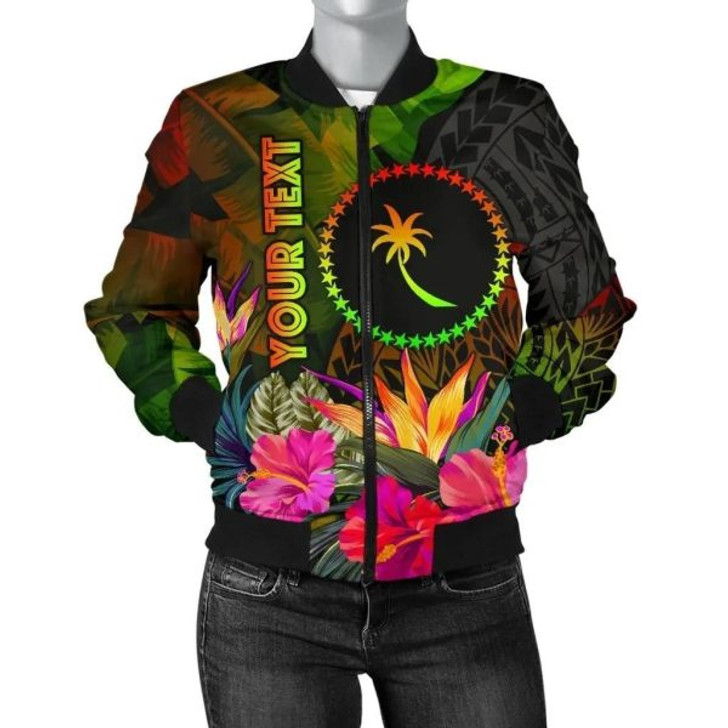 FUNSTUFFPRINT Chuuk Polynesian Personalised Women’s Bomber Jacket – Hibiscus and Banana Leaves 3D Bomber Jacket