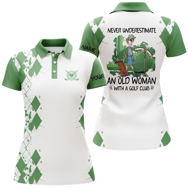 Custom Name 3d Women Golf Polo Shirts Multi color Never Underestimate An Old Woman With A Golf Club