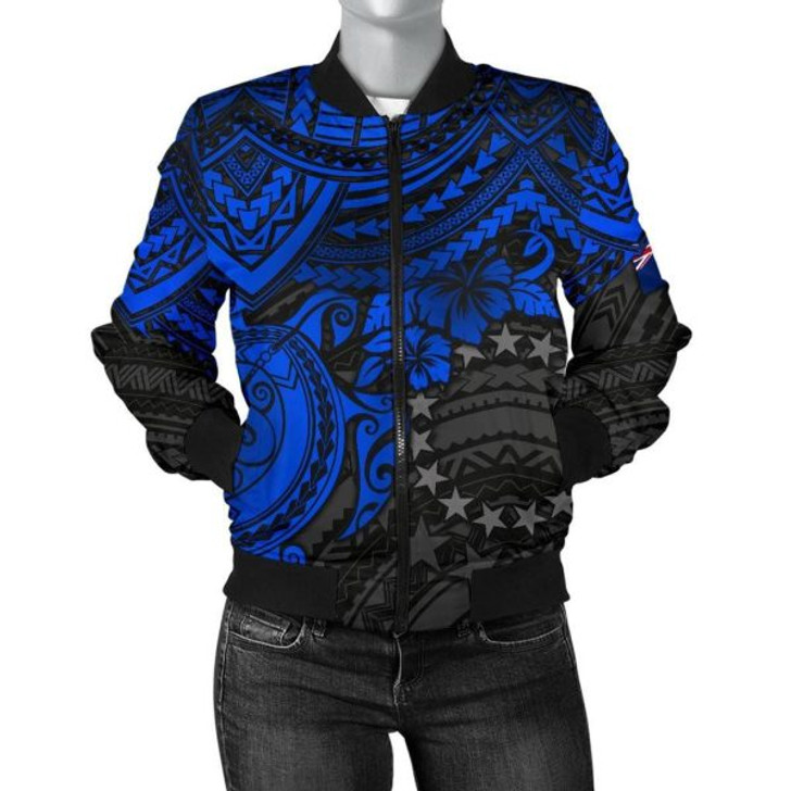FUNSTUFFPRINT Cook Islands Polynesian Bomber Jacket (Women) – Blue Turtle 3D Bomber Jacket