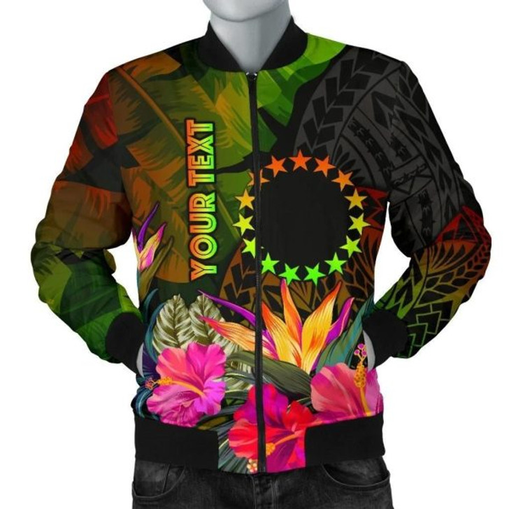 FUNSTUFFPRINT Cook Islands Polynesian Personalised Men’s Bomber Jacket – Hibiscus and Banana Leaves 3D Bomber Jacket