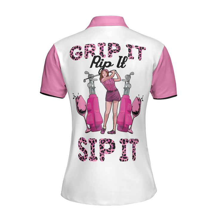 Pink Leopard Pattern Golf Women Polo Shirt, Grip It Rip It Sip It Short Sleeve Shirt For Ladies