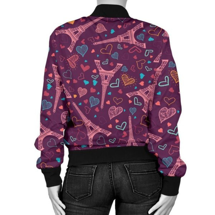 FUNSTUFFPRINT Eiffel Tower Heart Pattern Print Women Casual Bomber Jacket 3D Bomber Jacket