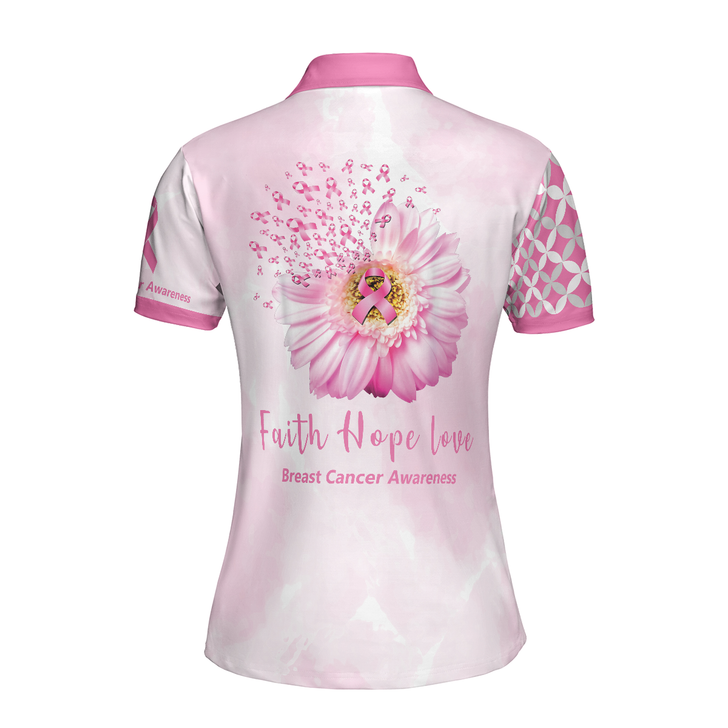 Pink Breast Cancer Awareness Women Polo Shirt, Faith Hope Love Breast Cancer Awareness Short Sleeve Shirt For Ladies