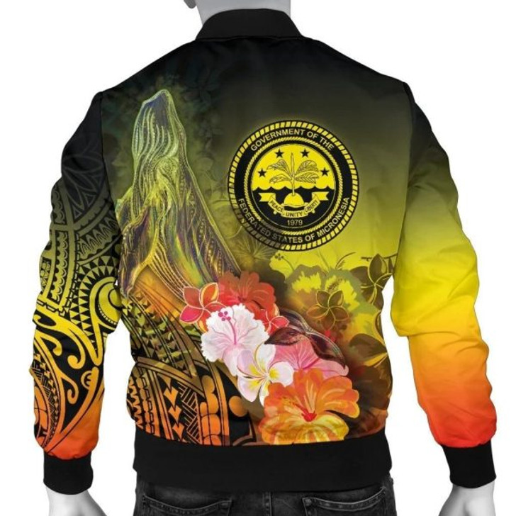 FUNSTUFFPRINT Federated States of Micronesia Custom Personalised Men’s Bomber Jackets – Humpback Whale with Tropical Flowers (Yellow) 3D Bomber Jacket