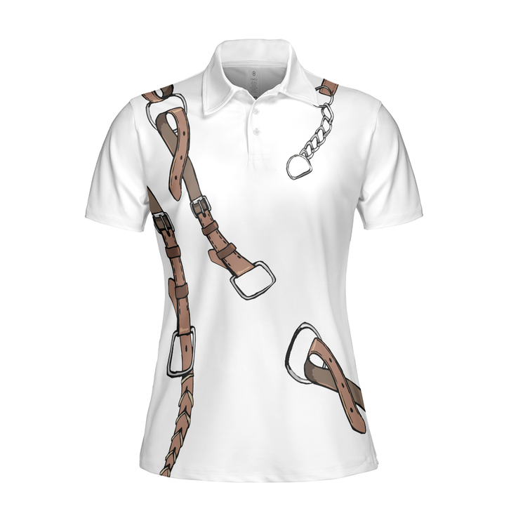 Bridle Print Polo Shirt In White Short Sleeve Women Polo Shirt, Golf Shirt For Ladies, Cool Female Golf Gift