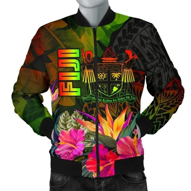 FUNSTUFFPRINT Fiji Polynesian Men’s Bomber Jacket – Hibiscus and Banana Leaves 3D Bomber Jacket
