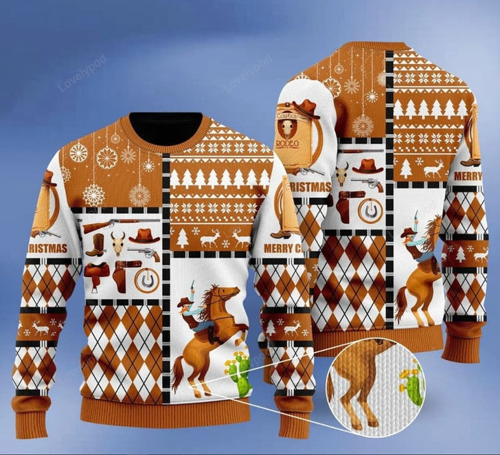 FUNSTUFFPRINT Horse Cowboy Merry Christmas Ugly Christmas Sweater for men and women  Ugly Sweater