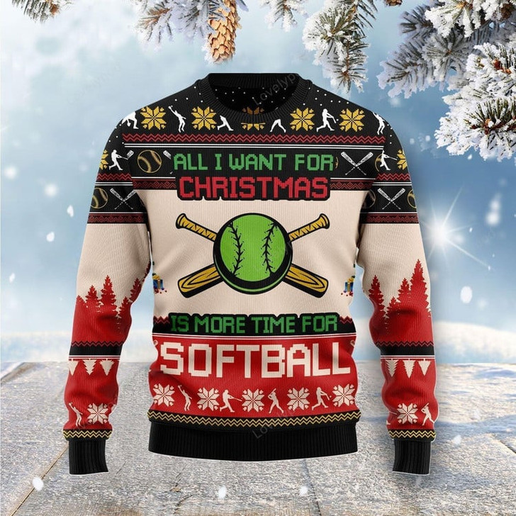 FUNSTUFFPRINT All I Want For Christmas Is More Time For Softball Ugly Christmas Sweater For Men & Women Ugly Sweater