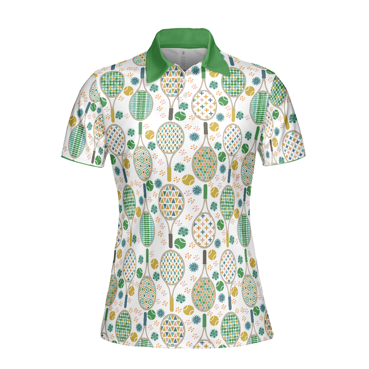 Green And Golden Tennis Pattern Short Sleeve Women Polo Shirt, Unique Golf Shirt For Ladies, Cool Gift For Tennis Lovers