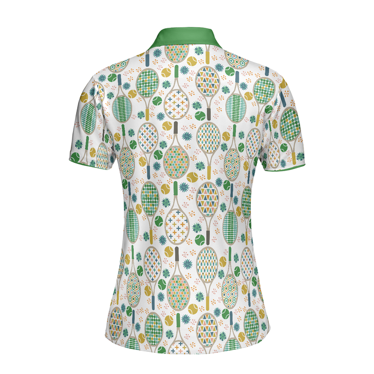 Green And Golden Tennis Pattern Short Sleeve Women Polo Shirt, Unique Golf Shirt For Ladies, Cool Gift For Tennis Lovers