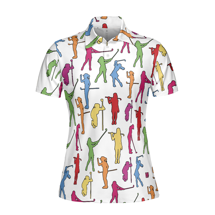 Colorful Female Golfer Women Polo Shirt, White Golf Shirt For Ladies, Best Gift For Golf Lovers, Golf Tournament, Golf Coach, Golf Club