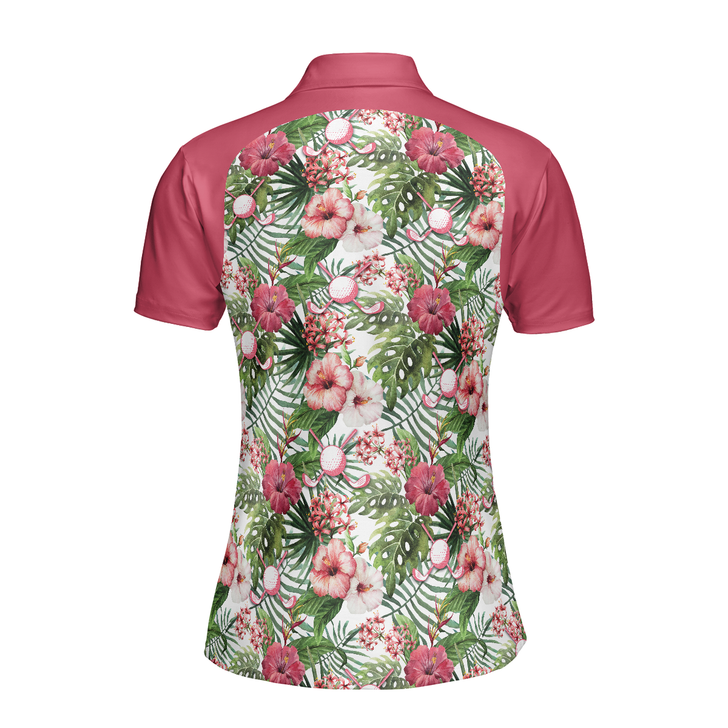 Golf Ball On Tropical Flowers Background Short Sleeve Women Polo Shirt, Tropical Flowers Pattern Polo Shirt, Best Golf Shirt For Ladies