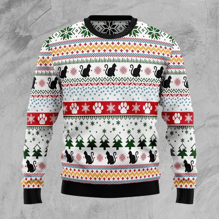 FUNSTUFFPRINT Black Cat Ugly Christmas Sweater, Christmas gift for cat lover Ugly Sweater