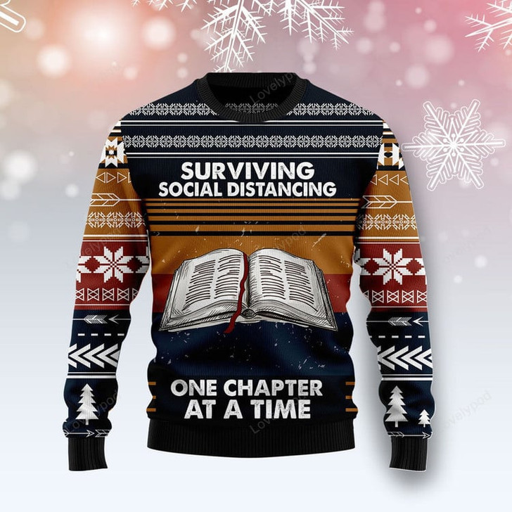 FUNSTUFFPRINT Book Retro Vintage Ugly Christmas Sweater For Men & Women Adult Ugly Sweater