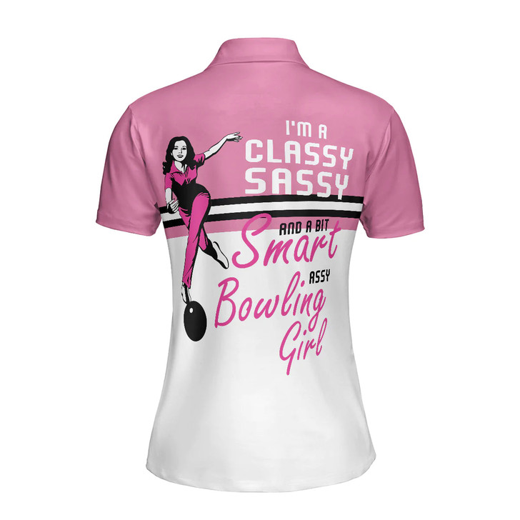 Pink Bowling Ball And Pin Pattern Women Polo Shirt, I'm A Classy Sassy Bowling Girl Bowling Short Sleeve Shirt For Ladies, Gift For Bowling Lovers