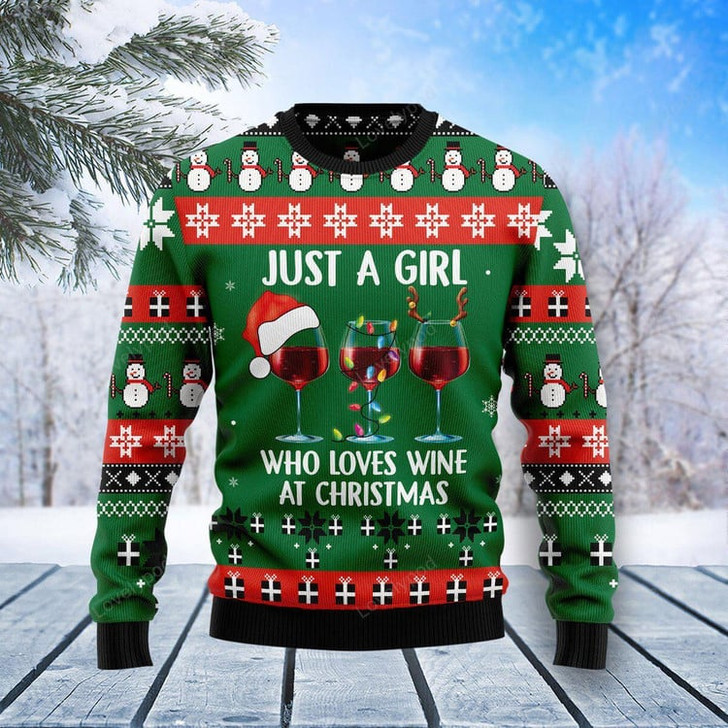 FUNSTUFFPRINT Just A Girl With Wine Christmas Sweater, Christmas gift for wine lover Ugly Sweater