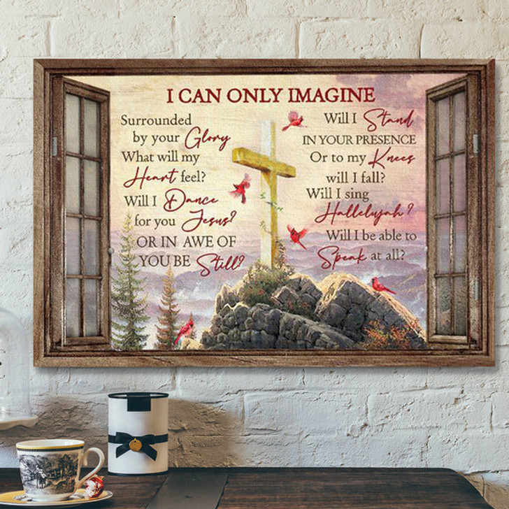 Christian Canvas Wall Art - Beautiful Mountain - Wooden Cross - Pink Sunset - I Can Only Imagine - Ciaocustom