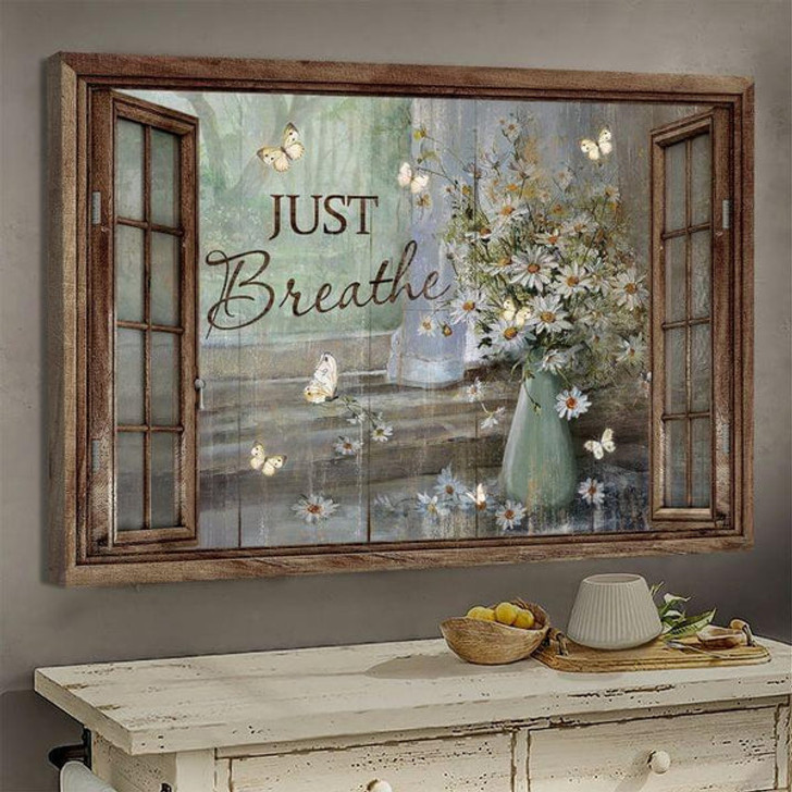 Jesus Just Breathe Butterfly Flower Window Frame Canvas Wall Art - Christian Poster - Religious Wall Decor