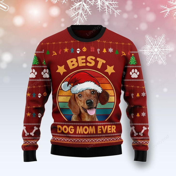 FUNSTUFFPRINT Dachshund Best Dog Mom Ever Ugly Christmas Sweater, Christmas Gift For Pet Lovers Ugly Sweater