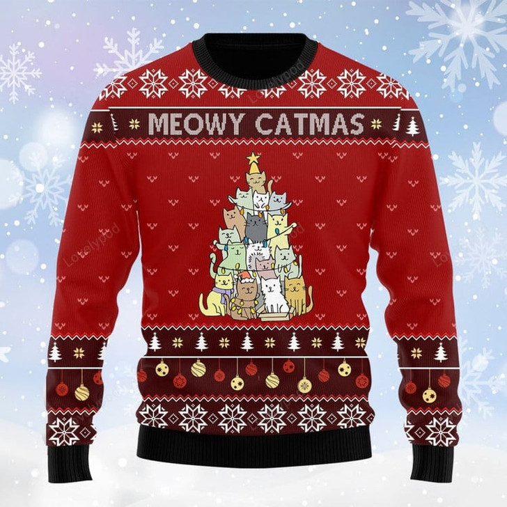 FUNSTUFFPRINT Cat Christmas Tree Ugly Sweater - Gift For Cat Lovers Ugly Sweater