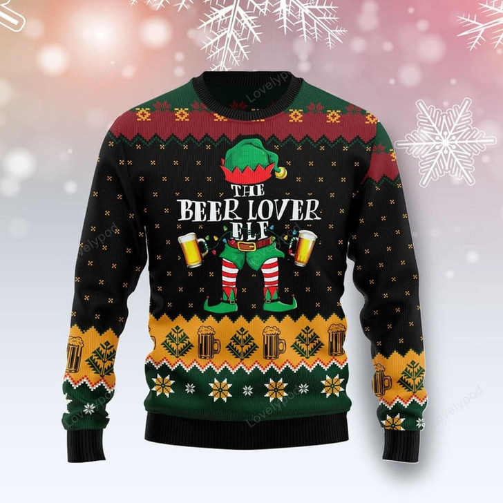 FUNSTUFFPRINT The Beer Lover Elf Ugly Christmas Sweater for men and women, Gift for beer lover Ugly Sweater