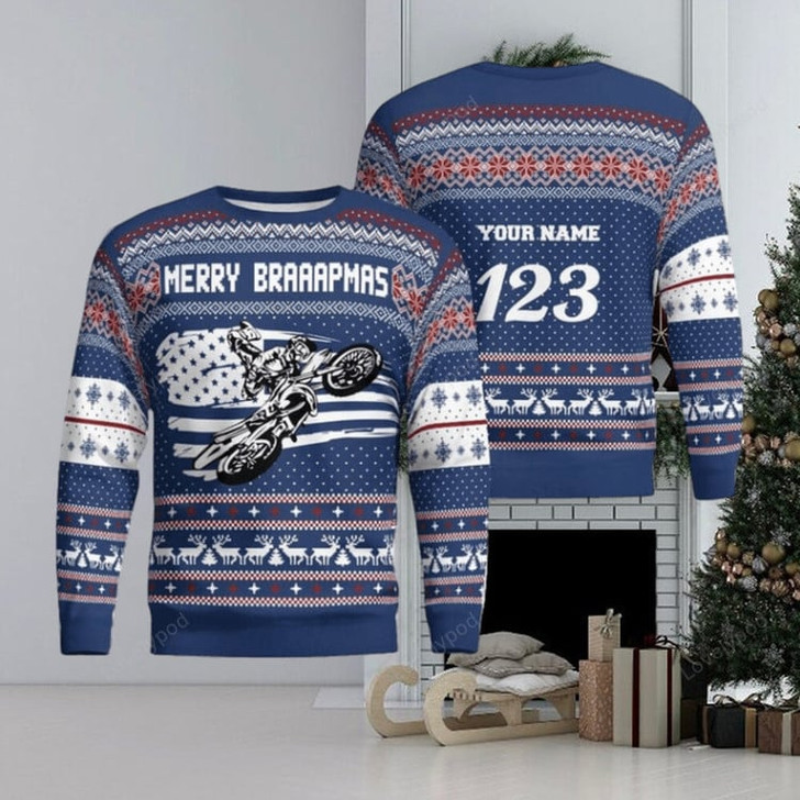 FUNSTUFFPRINT Christmas Motocross Rider Custom Ugly Christmas Sweater for Men and Women, Gift for biker Motocross lover Ugly Sweater