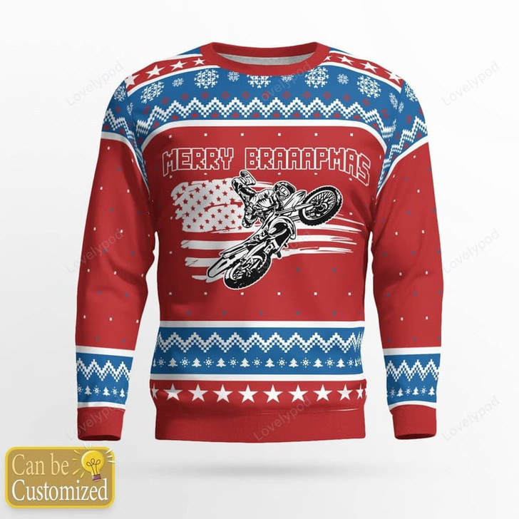 FUNSTUFFPRINT Custom name and number Motocross rider red Ugly Christmas sweater, Motocross sweatshirt Ugly Sweater