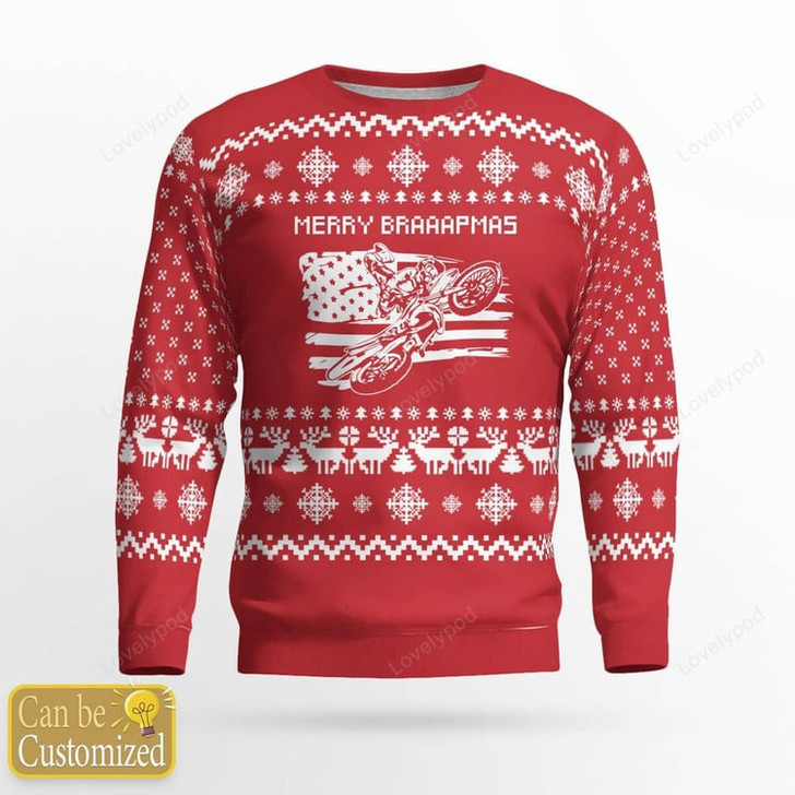 FUNSTUFFPRINT Custom name and number Motocross rider Ugly Christmas sweater red, Motocross biker sweatshirt, Christmas gift for motocross lover Ugly Sweater